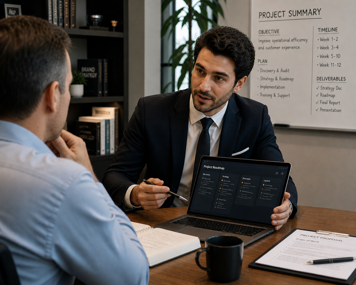 Consultant working with client notes
