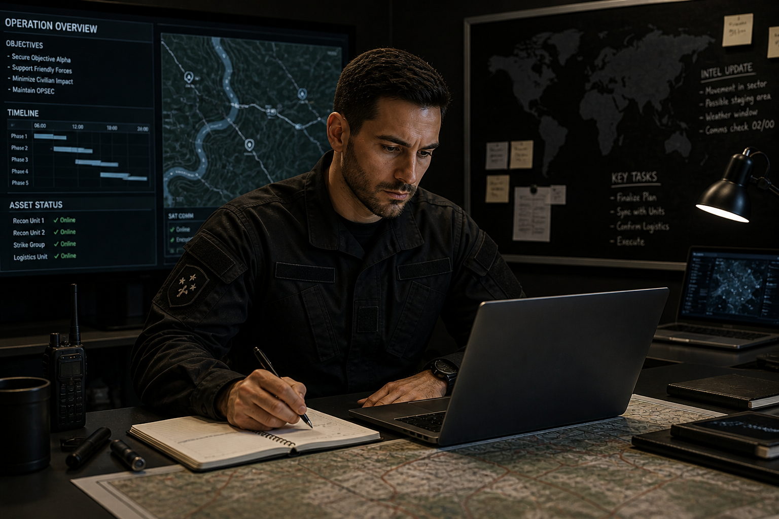 Operations planner reviewing a mission board